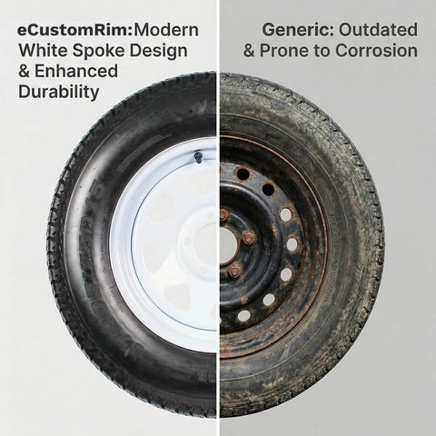 Comparison of modern white spoke trailer wheel vs. rusty generic wheel, illustrating durability and design differences.