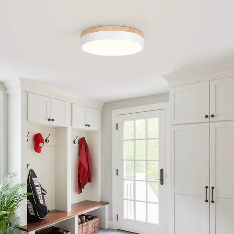 Laundry room with installed dimmable wood ceiling light fixture with 5 color temperatures from warm to cool 2700K-6000K modern round flush mount LED ceiling light 11.81 inch no fuss easy install