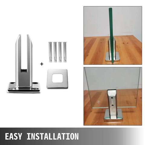 4 Pack Glass Railing Clamps For 8 To 12 Mm Glass Thickness 304 Stainless Steel Spigots shown with easy installation on wooden surface.