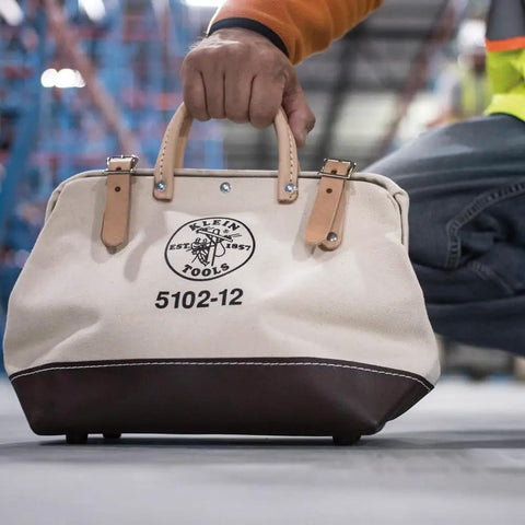 Heavy Duty Natural Canvas Tool Bag Tote With Wide Hinged Opening And Leather Handles, 12 Inch Multi Purpose Tool Carrier