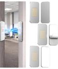 4 Pack No Drill Magnetic Cabinet Latches, Adhesive Stainless Steel Door Catch, Neodymium Magnet Child Safety Locks for Kitchen Cabinets, Drawers, RVs, and Closets shown in package and installed view.