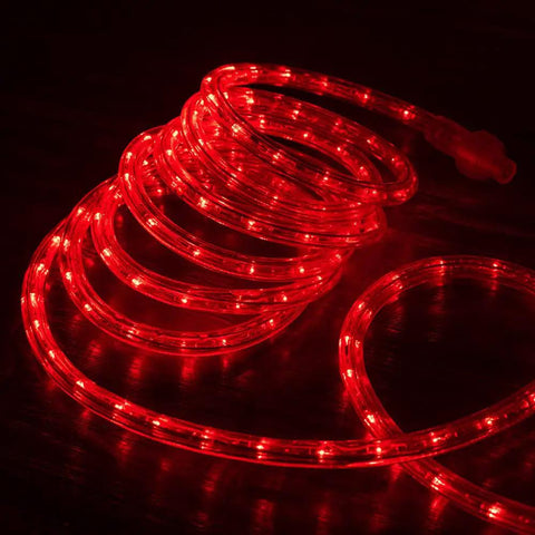 Red Outdoor Rope Lights 100 Feet With 1116 LEDs, Waterproof 360 Degree Omnidirectional Illumination, coiled, glowing in the dark.