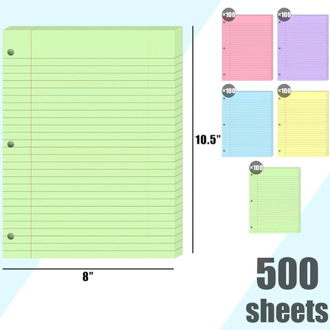 Color Coded Filler Paper Pack With 500 Sheets In 5 Vibrant Colors For Wide Ruled 8 By 10 And A Half Inch 3 Hole Punched Loose Leaf For 3 Ring Binders Totally Handy For School And Office.