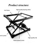 Top Shelf Electric Scissor Lift Table With Foldable Design And Wireless Remote Control No Sweat Height Adjustment Rock Solid Motor Power Built Tough For Adjustable Computer Desk Or Work Platform, showing iron frame and motor components.