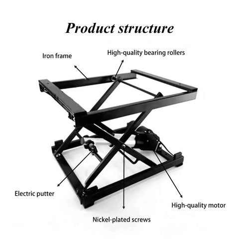 Top Shelf Electric Scissor Lift Table With Foldable Design And Wireless Remote Control No Sweat Height Adjustment Rock Solid Motor Power Built Tough For Adjustable Computer Desk Or Work Platform, showing iron frame and motor components.