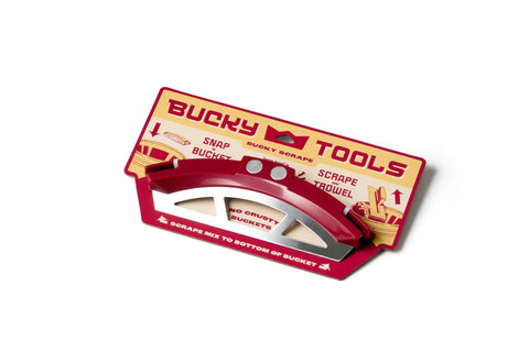 Universal 5 Gallon Bucket Trowel Scraper shown on packaging with magnetic holder, Bucky Tools brand label visible, top view.