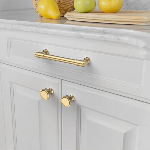 Champagne Bronze Cabinet Knobs And Round Single Hole Pulls, 10 Pack For Bathroom Cabinets installed on white cabinet, ZH0075