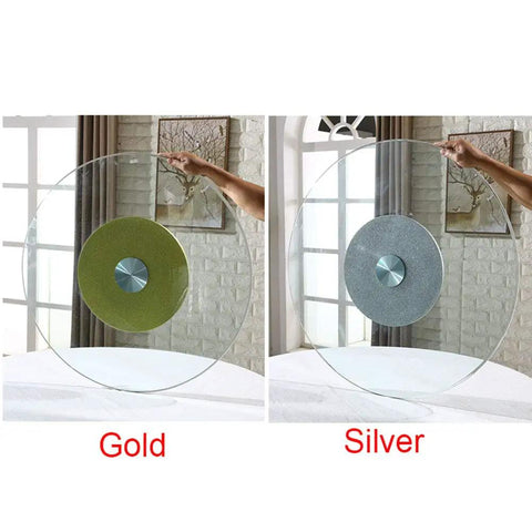 Clear Tempered Glass Lazy Susan Turntable Bearing Large 28 To 47 Inch Round Rotating Tray gold and silver options.