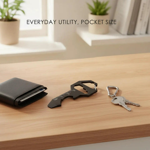 Ultra Slim Metal Credit Card Multitool with Bottle Opener and Hex Key next to wallet and keys on a wooden surface.