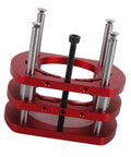 Rock Solid Router Lift Base For Router Table With Crank Handle shows smooth red aluminum design for precise height adjustment.