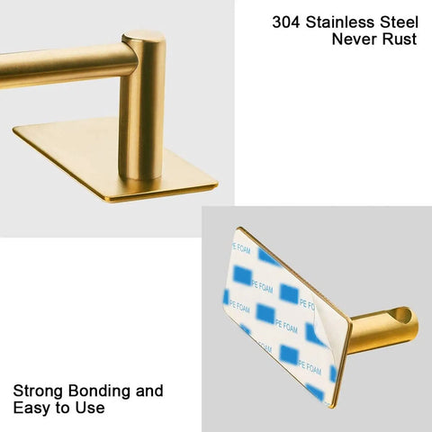 Brushed Gold Self Adhesive Towel Bar 16 Inch No Drill Stainless Steel Bathroom Wall Rack Stick On Hanging Towel Holder Rust Resistant Easy Install One Pack close-up view showing adhesive backing and corner details of the rack.