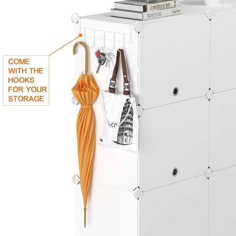 Six Tier Shoe Storage Cabinet For 24 Pairs Of Shoes Plastic Shelves Organizer with side hooks for hanging items