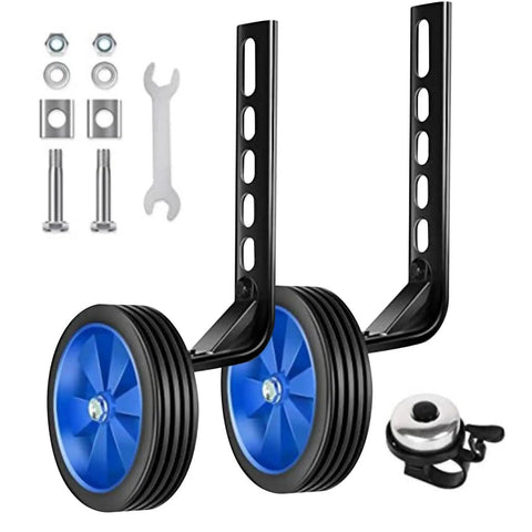Bicycle Training Wheel Kit With Heavy Duty Support Bracket And Adjustable Wheel Design, blue wheels, brackets, wrench, and bell