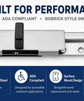 Heavy Duty Stainless Steel Surface Mount Slide Latch With Keeper For ADA Compliant Bathroom Stall Doors and Commercial Toilet Partitions, front view.