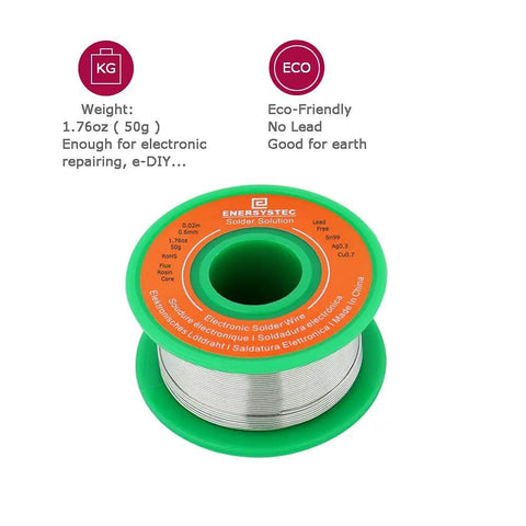 Lead Free Solder Wire With Rosin Core Flux 0.6mm 50g Fine Solder For Electronics DIYers And Repairs Sn99 Ag0.3 Cu0.7 Flowing No Lead Tin Alloy Solder For Smooth Joints And Easy Soldering displayed on green reel with eco-friendly details