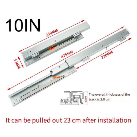 Heavy Duty Side Mounted Ball Bearing Drawer Slides 250mm Full Extension Cold Rolled Steel shown with measurements.