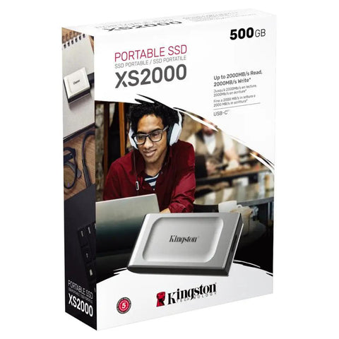 Packaging of XS2000 500GB Ultra Fast Dope Speeds Portable SSD External Solid State Drive USB C Gen 2x2 Up To 2000 MBps Pocket Sized Powerhouse