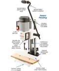 Badass Built Rock Solid Three Quarter Horsepower Heavy Duty Benchtop Mortising Machine With Swiveling Base and dual support columns.