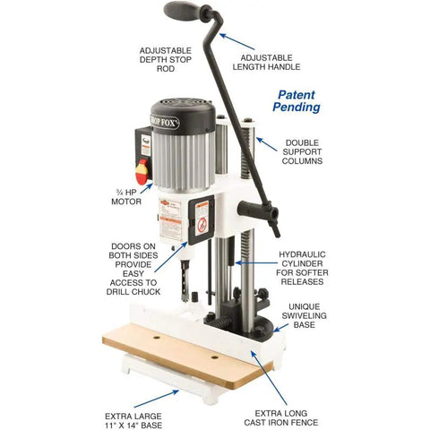 Badass Built Rock Solid Three Quarter Horsepower Heavy Duty Benchtop Mortising Machine With Swiveling Base and dual support columns.