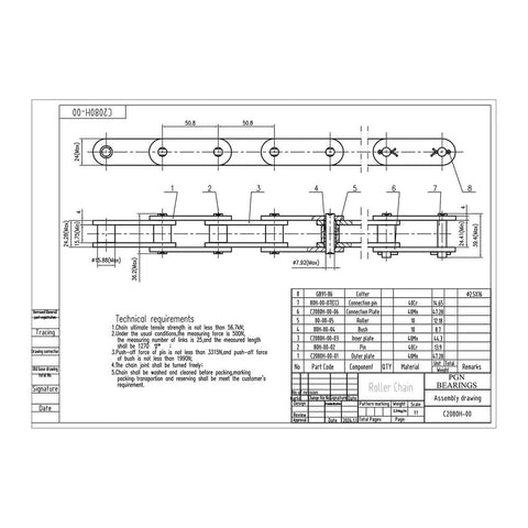 Pgn C2080H Heavy Duty Single Strand Roller Chain 10 Foot Length With Connecting Links for Industrial Conveyor Systems technical drawing.