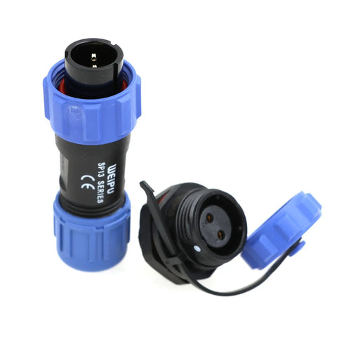 SP13 2 Pin Circular Aviation Cable Plug Connector Waterproof IP68 Chassis Panel Mount For Industrial Devices Power And Signal 13A Rating Easy One Quarter Bayonet Quick Coupling Durable Heavy Duty Marine Grade Build 2-pin panel mount connector with blue caps