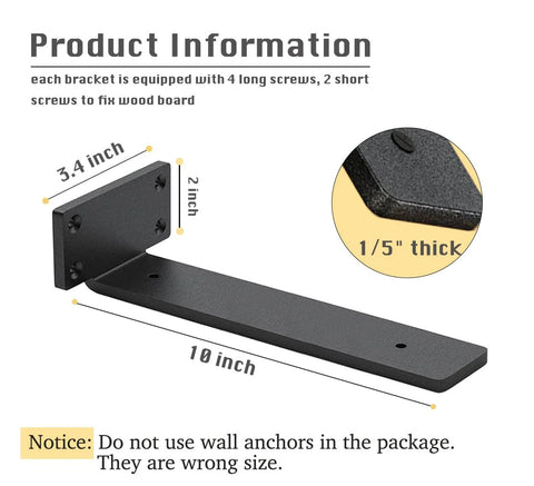 8 Pack 10 Inch Heavy Duty Hidden Shelf Brackets with Iron Shelf Supports, 1/5 Inch Thick, Product Information with Dimensions