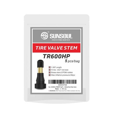 Front view of SUNSOUL TR600HP tire valve stem, 5-pack; brass stem with EPDM rubber, 1.69 in length for 0.453 in rim holes.