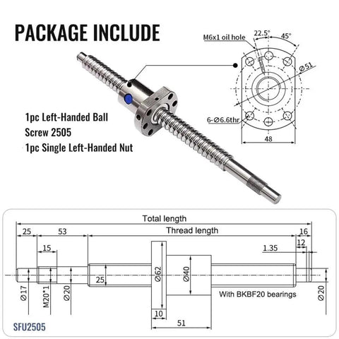 Cool Left Handed 3D Printer Ballscrew With Single Nut From 150 To 1150mm Length shown with dimensions and details.