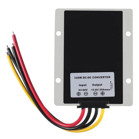 Automatic Buck Boost Converter Steps 8V Up To 40V Input Directly Into A Rock Solid 13.8V Fixed Output With 25 Amp Capacity Multi Protection For Golf Carts And Led Installations with wires.