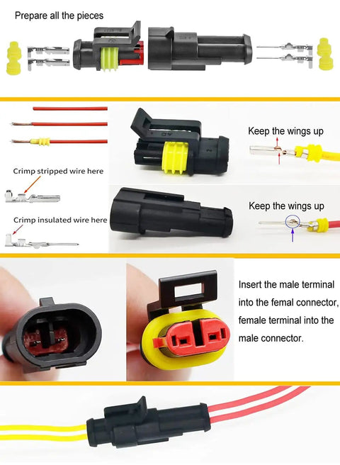 Assembly instructions for 352 Piece Waterproof Car Electrical Connector Kit With 1 2 3 4 Pin Connectors, Male And Female Terminals.