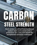 Orange Long Life No 10 One And A Half Inch Desert Sand Wood Screws Self Tapping Carbon Steel Roofing Fasteners With Zinc Cap EPDM Washer Hex Head For Outdoor Use Rust And Weather Resistant 250 Piece Bag against metal beams background.