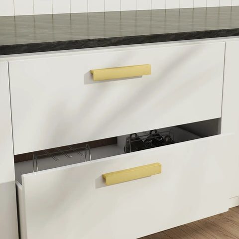 10 Pack Gold Cabinet Handles And Finger Pulls, 7 9/16 Inch Edge Pulls For Cabinets, shown on white kitchen drawers