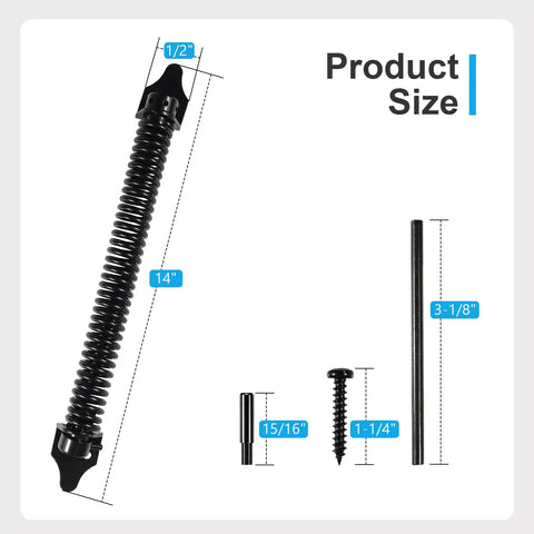 Heavy Duty 14 Inch Gate Springs Self Closing Tensioner For Outdoor Gates Adjustable Automatic Gate Closure Fits Wood Or Vinyl Gates Left Or Right Opening 1 Pack, showing size measurements of spring and components