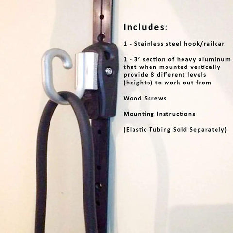 Premium Space Saver Gym Mount With One Steel Rail And One Quick Slide Car showing stainless steel hook and aluminum rail for resistance bands.