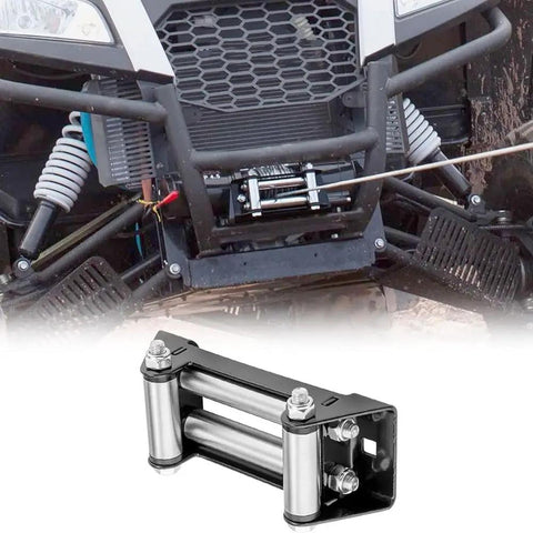 6 Inch Winch Roller Fairlead Cable Guide For 4000-5500 Lbs UTV Winches Beefy Built Synthetic Rope Protector Reduces Friction Smooth Durable Roller Fairlead For Off Roading Adventures, mounted on UTV front bumper