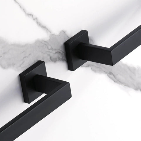 2 Pack 16 Inch Stainless Steel Towel Bars Matte Black Wall Mount Towel Rack Set For Bathroom And Kitchen Durable SUS304 Rust Resistant Hangers Easy Install With All Hardware Included, close-up view of bars on wall.