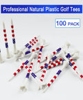 100 Pack Three And A Quarter Inch Plastic Golf Tees With Four Prongs For Less Friction And Spin shown with US flag colors