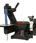 Hardcore Low Speed Bench Grinder Combines One By Thirty Inch Sanding Belt With Six Inch Finishing Disc For Precision Metalwork Knife Crafting And Tool Fix Ups Smooth Handling Shop Beast, showing blue sanding belt and black body.
