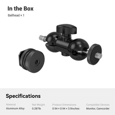 Double Ball Head With Cold Shoe Mount And One Quarter Inch Screws, aluminum alloy, 180° rotation, for monitors and LED lights