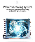 Hella Quick Countertop Ice Maker Machine With Dope Stainless Steel Build And 220V Power cooling system for producing ice quickly.