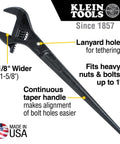 Heavy Duty Adjustable Spud Wrench 16 Inch Long With 1 5 8 Inch Opening Fits Heavy Nuts And Bolts Up To 1 Inch Forged In USA Tether Hole For Safe Work Lanyard Compatible Built For Tough Job Sites, side view with features labeled