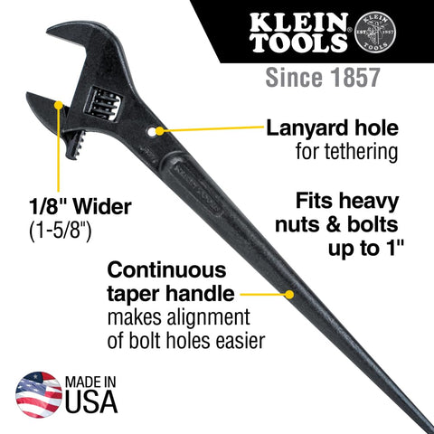 Heavy Duty Adjustable Spud Wrench 16 Inch Long With 1 5 8 Inch Opening Fits Heavy Nuts And Bolts Up To 1 Inch Forged In USA Tether Hole For Safe Work Lanyard Compatible Built For Tough Job Sites, side view with features labeled