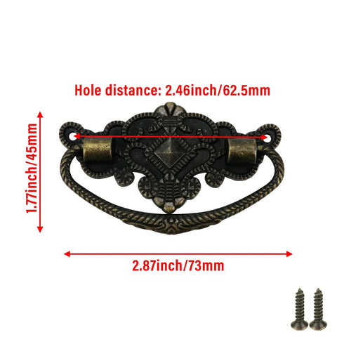 Vintage Antique Cabinet Bail Pull Handles Set Of 8 In Bronze Finish with drop ring pulls, screws, and 2.46 inches center hole spacing