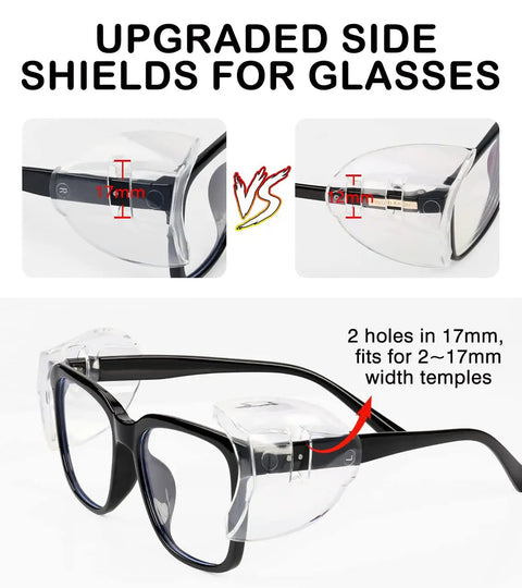 Slip On Side Shields For Prescription Glasses No Slip Eye Protection Shields attached to glasses, 17mm spacing shown