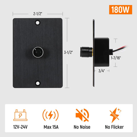12 Volt 24V PWM LED Dimmer Switch 15 Amp 180 Watt Rotary Knob Control Hella Reliable Aluminum Housing dimensions and features shown.
