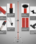 Extendable Laser Level Pole with Telescoping Tripod 12 Feet Tall for Rotary and Line Lasers, shown with various features.