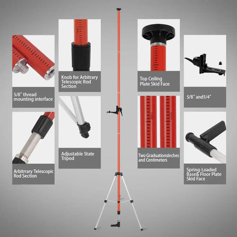 Extendable Laser Level Pole with Telescoping Tripod 12 Feet Tall for Rotary and Line Lasers, shown with various features.
