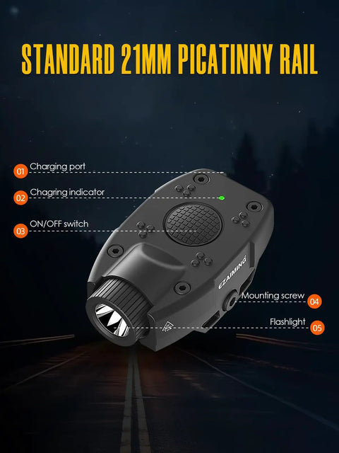 Ultra Compact Rifle Light And Helmet Mounted For Picatinny Rails, Ultra Lightweight Under 30g, with charging port visible