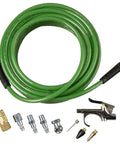 Heavy Duty 10 Piece Air Compressor Accessory Kit With 50 Foot Polyurethane Hose And 1/4 Inch Spiral Reinforced Tube built for garage work.