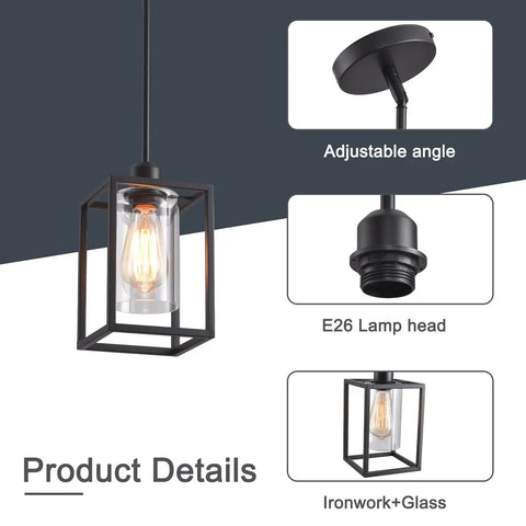 Three Pack Black Pendant Lights For Kitchen Island Industrial Lantern Style Hanging Lamps With Clear Glass Shade details view
